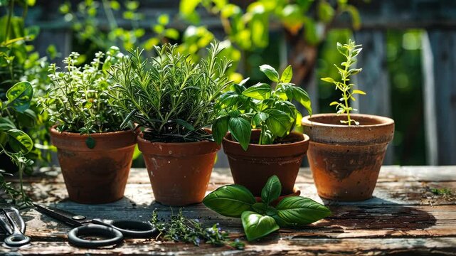 Gardening tips for beginners in spring, featuring potted herbs and lush greenery on a rustic wooden table