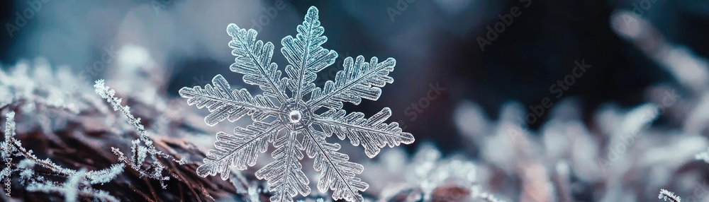 Poster A delicate snowflake glistens on a frosty surface, capturing the beauty of winter with intricate patterns and sparkling details.