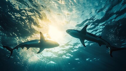 vibrant colors showcasing dynamic movements sharks underwater scene, ocean, marine, creature, swimming, sea, fin, tail, body, fluidity, pattern, light 