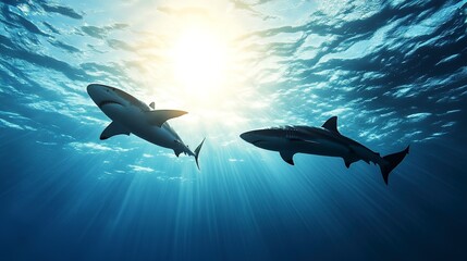 Obraz premium vibrant colors showcasing dynamic movements sharks underwater scene, ocean, marine, creature, swimming, sea, fin, tail, body, fluidity, pattern, light 