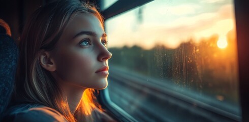 woman portrait looking out train window