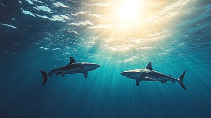 Obraz premium vibrant colors showcasing dynamic movements sharks underwater scene, ocean, marine, creature, swimming, sea, fin, tail, body, fluidity, pattern, light 