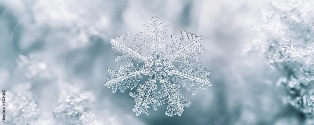Poster Close-up of a delicate snowflake resting on a blanket of snow. Captivating texture and crystal structure of winter beauty.