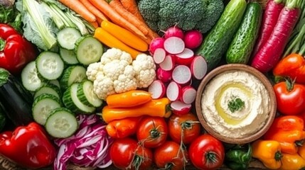 Fresh Vegetables and Hummus Spread on a Rustic Table