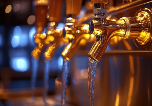 Golden Beer Taps with Flowing Liquid in Bar Setting
