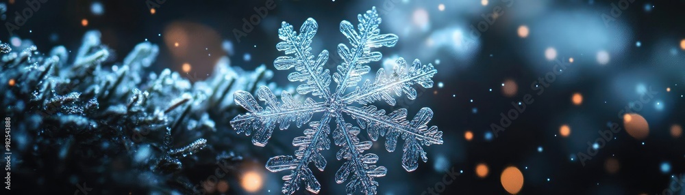 Poster A close-up of a delicate snowflake resting on a pine branch with a beautiful bokeh background of winter lights.