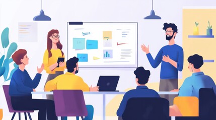 Project manager leading a brainstorming session with diverse team members.