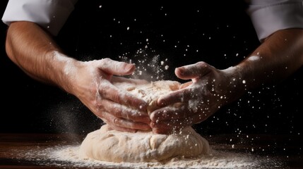 Fototapeta premium A close-up photorealistic image of a chef's hands kneading pizza dough with flour flying everywhere