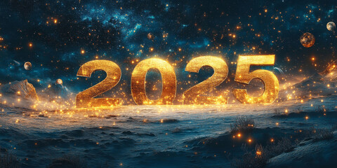 Large glowing 2025 numbers in cosmic night sky with stars and galaxy