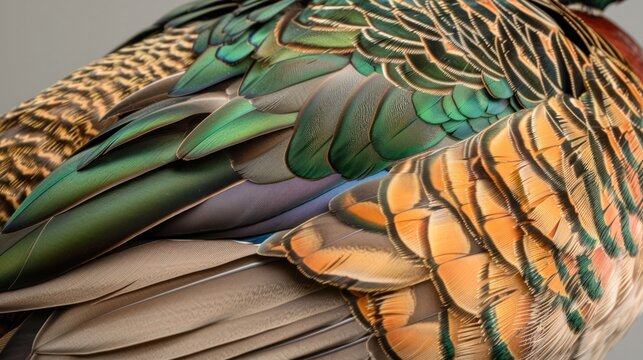 A close-up photorealistic image of a mallard duck's vibrant green and brown feathers