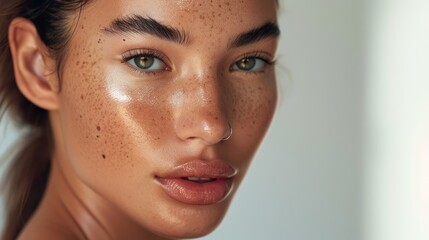 Fototapeta premium A close-up portrait of a woman with flawless skin, showcasing a dewy, radiant complexion and natural makeup