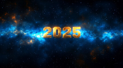 The year 2025 in glowing orange digits against starry cosmic background