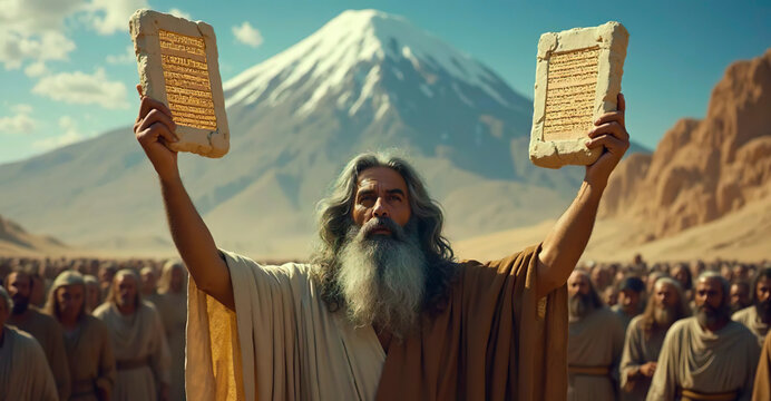 Yahweh God gave Moses the Ten Commandments on Mount Sinai,  biblical history, guidance to Mose show people human spiritual journey. moses holding 2 two stone testimony scroll tablets. old testament