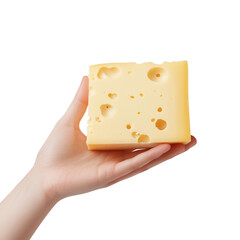 A hand holding a block of yellow cheese with holes, showcasing its texture and color against a white background. isolated on a transparent background