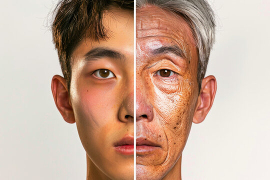 Split portrait of young and elderly Asian male faces, highlighting aging concept