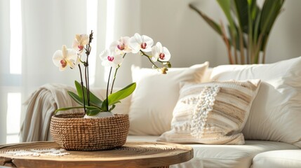 A cozy living room scene with a vintage wooden coffee table adorned with a blooming orchid and a charming wicker basket