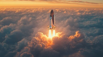 Rocket Launch Above Clouds at Sunset