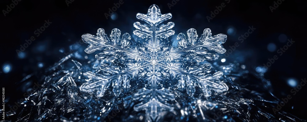 Poster A stunning close-up of a delicate snowflake resting on sparkling ice, showcasing intricate patterns and a shimmering blue background.