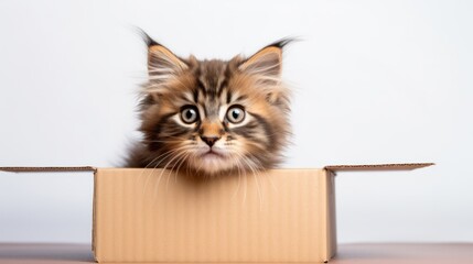 A curious Maine Coon kitten exploring a cardboard box