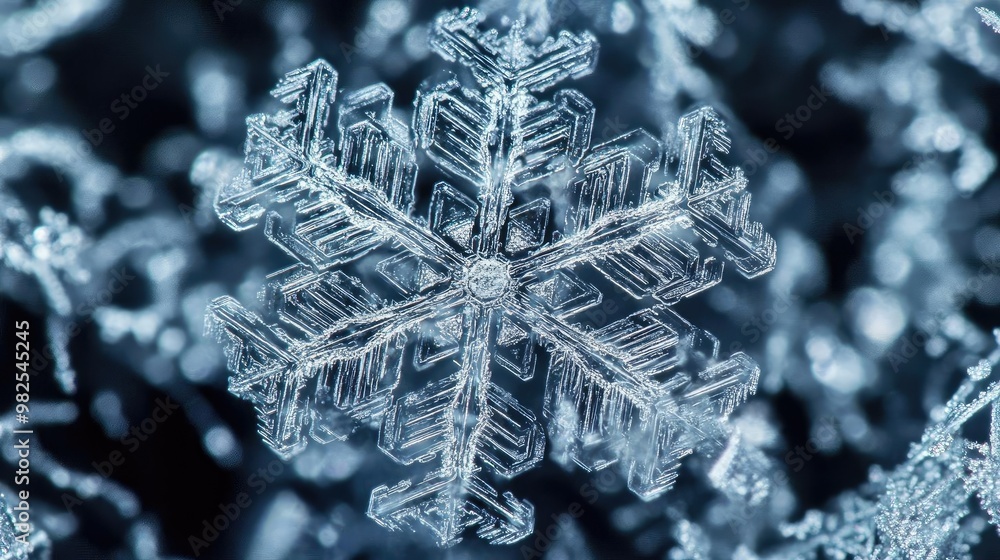 Poster Close-up of a delicate snowflake showcasing intricate patterns and crystal structures, highlighting the beauty of winter.