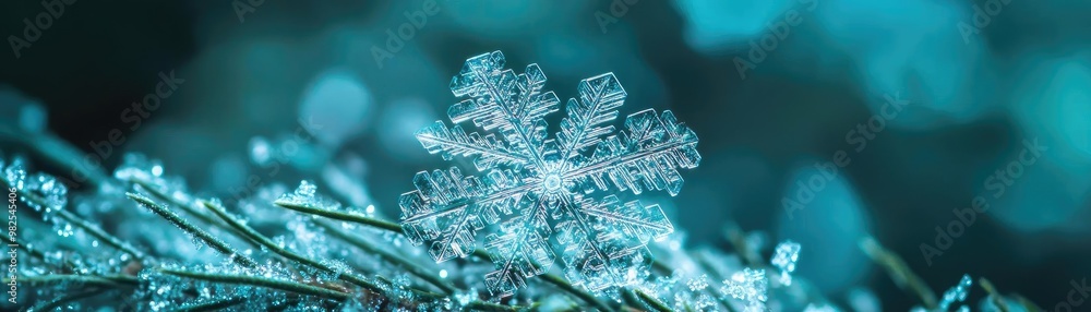 Poster A close-up view of a delicate snowflake resting on a pine needle, showcasing intricate patterns and shimmering frost.