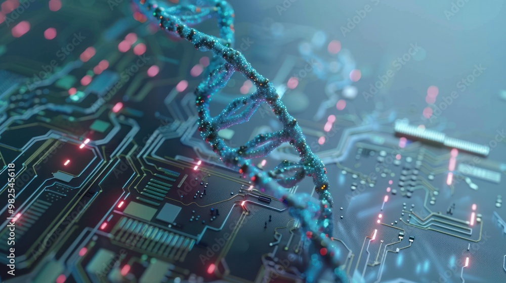 Poster a dna helix intertwined with a circuit board, representing the fusion of biological and technologica