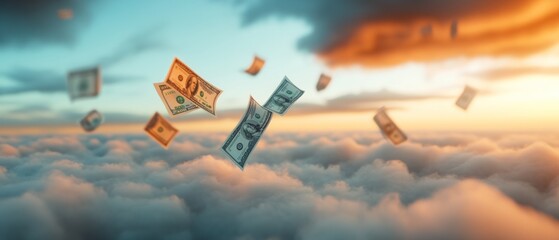 A sunset over the mountains with banknotes floating in the sky, symbolizing financial success and wealth.