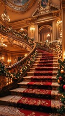Obraz premium Opulent Grand Christmas Staircase with Elegant Holiday Decorations