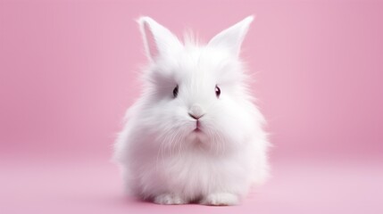 A fluffy white rabbit with big pink eyes and a tiny pink nose