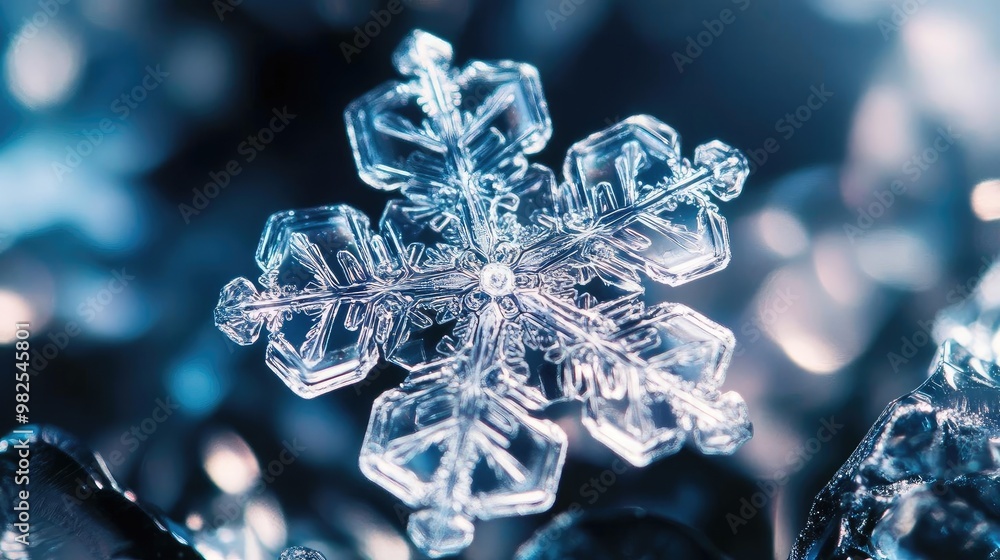 Poster a close-up of a delicate snowflake, showcasing intricate ice crystal patterns against a blurred icy 