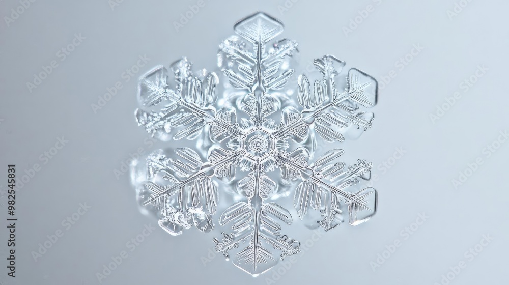 Poster A detailed, close-up view of a delicate snowflake showcasing its unique crystalline structure against a soft background.