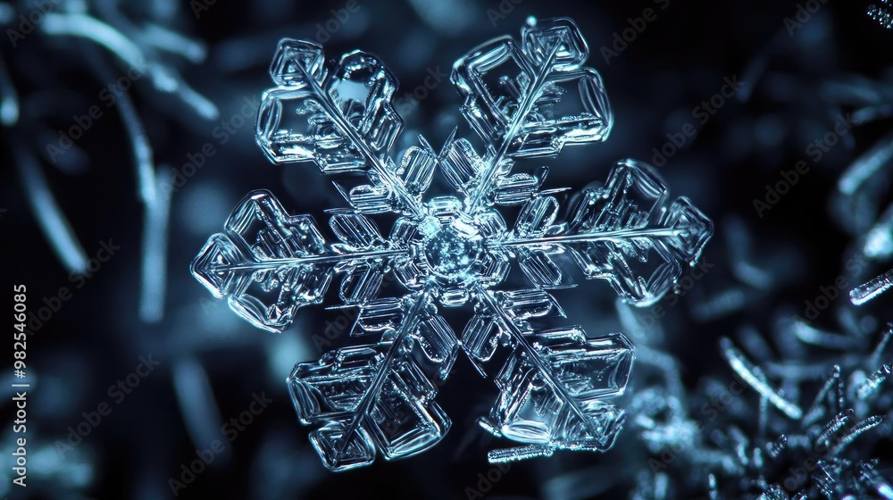 Poster Close-up of a delicate snowflake showcasing intricate patterns against a dark background, highlighting winter's beauty and uniqueness.