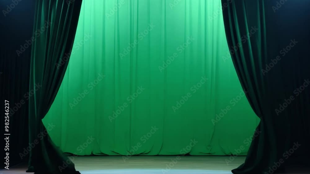 Poster the green curtains gracefully part to unveil the stage, where dynamic lighting sets the scene for an