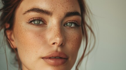 Fototapeta premium A high-resolution portrait of a woman with captivating eyes and subtle makeup, emphasizing her natural beauty.