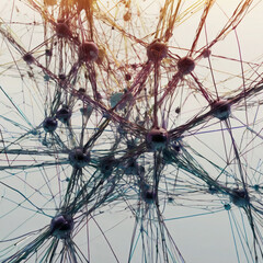 Fototapeta premium Abstract representation of interconnected nodes, resembling neural networks or molecular structures, showcasing complexity and depth through intricate lines.