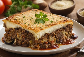 Delicious traditional Greek moussaka with beef mince, eggplant and bechamel sauce