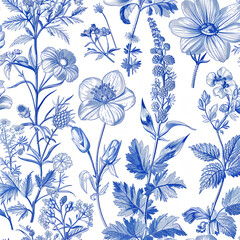 Fototapeta premium blue ink line art drawings of various flowers and plants, suitable for wallpaper, fabric print, textile decoration, packaging paper background, stationery covers, cards, wrapping papers