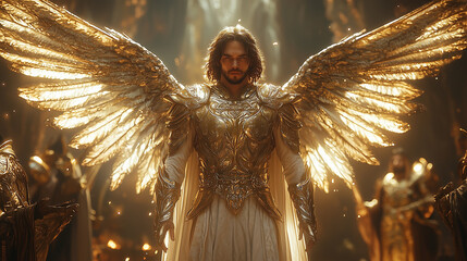 radiant male angel in golden armor with large glowing wings, standing in a divine hall filled with light