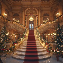 Obraz premium Opulent Grand Christmas Staircase with Elegant Holiday Decorations