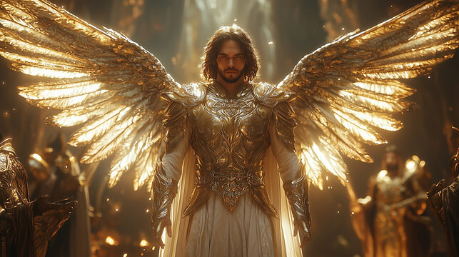 radiant male angel in golden armor with large glowing wings, standing in a divine hall filled with light