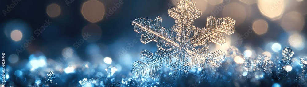 Aufkleber a close-up view of a delicate snowflake perched on sparkling blue snow, evoking the magic of winter 