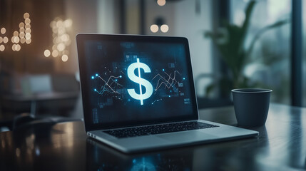 digital business financial transaction, cash flow in business, secure finance network, business finance concept photo with dollar sign display on laptop screen 