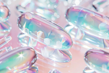 Crystal-like capsules reflecting a spectrum of pastel colors, embodying the Y3K aesthetic with futuristic vibes