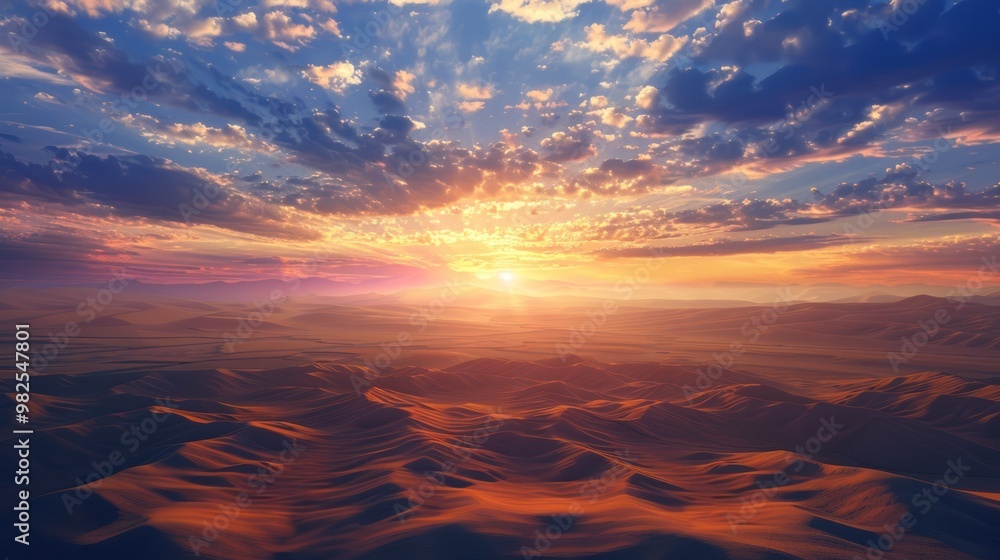 Poster a mesmerizing sunset over a vast desert landscape, with clouds casting long shadows and adding depth