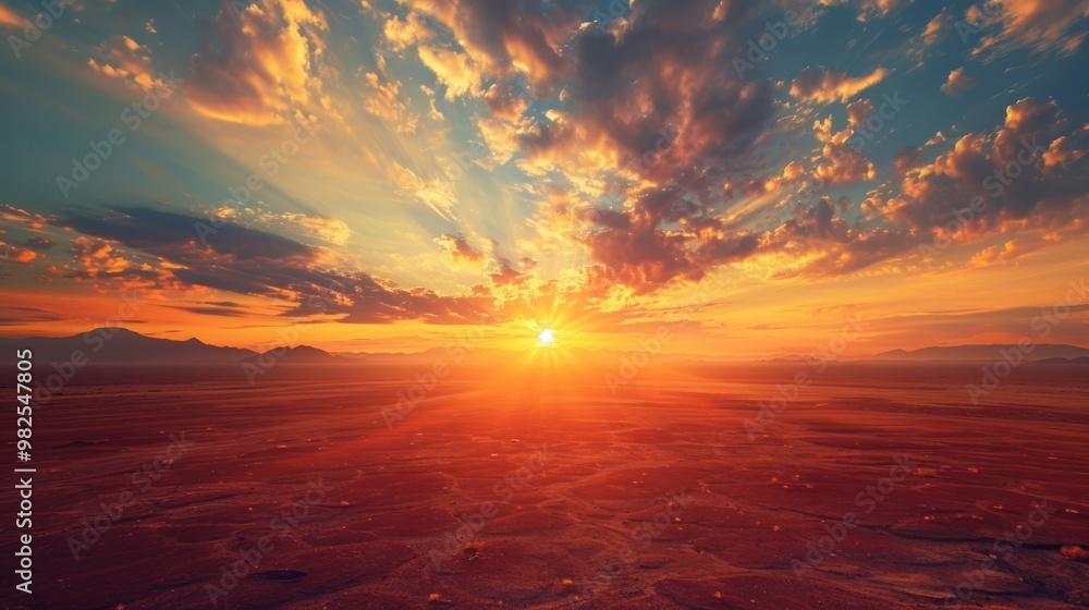 Poster a mesmerizing sunset over a vast desert landscape, with clouds casting long shadows and adding depth