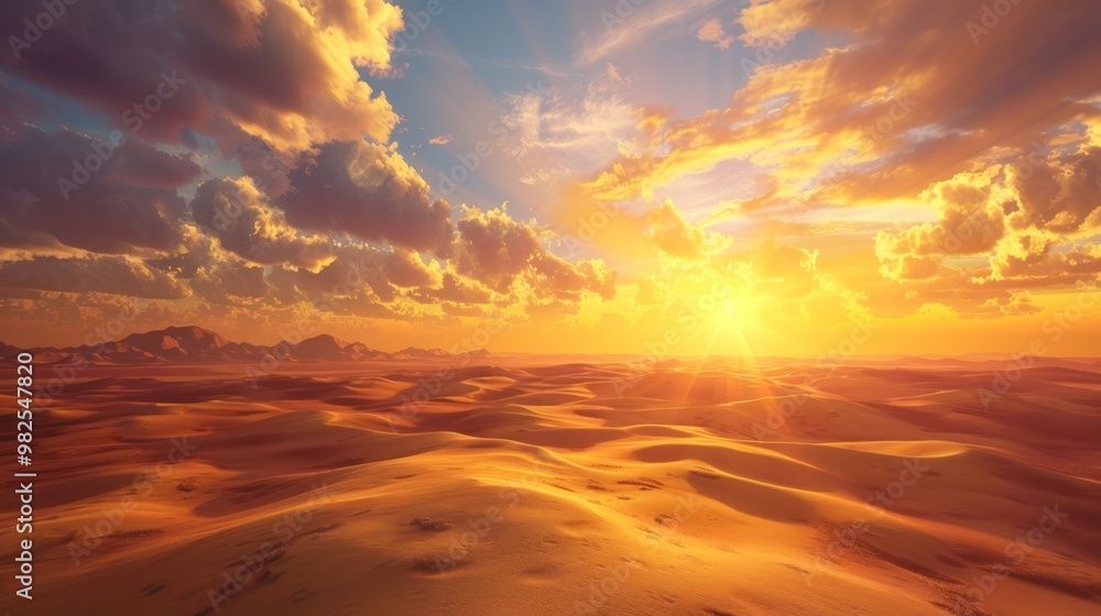 Poster a mesmerizing sunset over a vast desert landscape, with clouds casting long shadows and adding depth