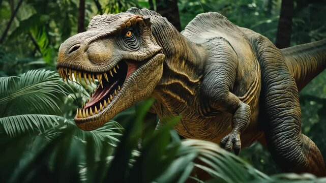A large T-Rex is walking through a jungle. The dinosaur has a menacing look on its face and is making a loud noise. The jungle is lush and green, with plenty of foliage and trees. The scene is dark