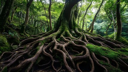 Obraz premium Old tree with roots in the forest, Yakushima island, Japan