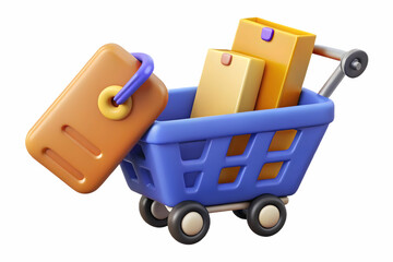 3D Isolated Shopping Cart and Sale Tag Icons on White Background - Modern Vector Design for Retail Sales and E-commerce Marketing Content