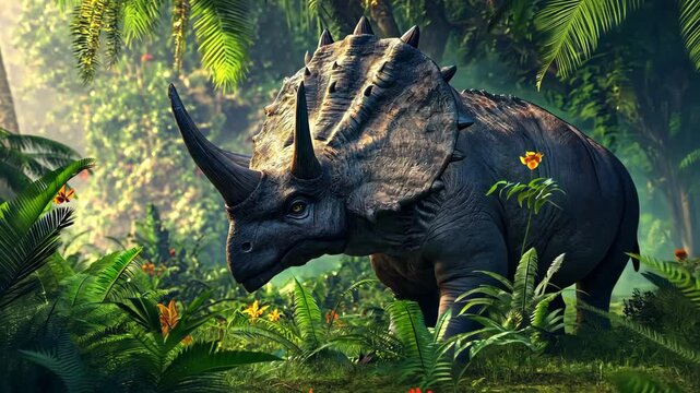 A large rhino is walking through a lush jungle. The scene is vibrant and full of life, with a variety of plants and flowers surrounding the animal. The rhino's horn is prominently displayed